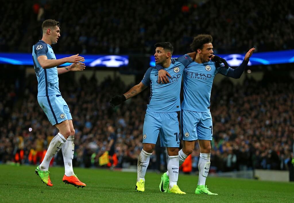 Manchester City celebrate after delivering a night to remember, beating AS Monaco's betting odds in the first-leg