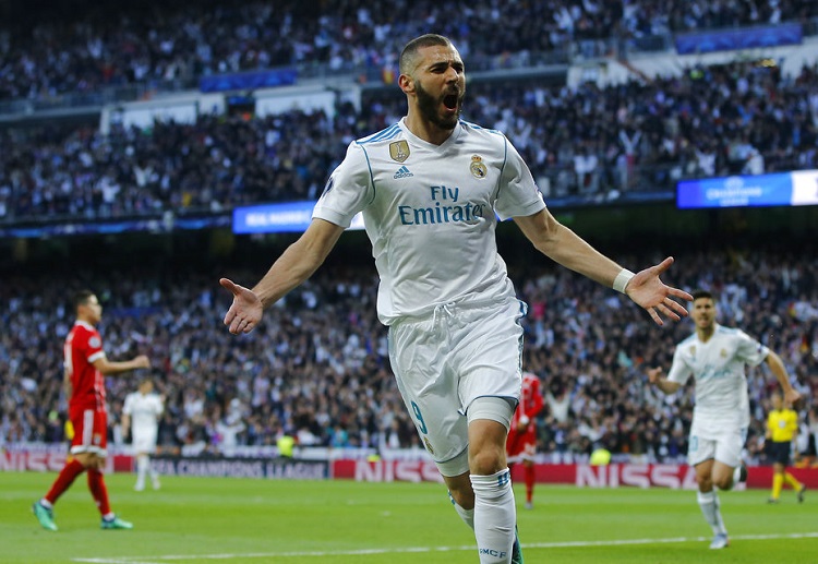 Karim Benzema celebrates after scoring Real Madrid's opening goal against FC Bayern Munich at the Santiago Bernabeu