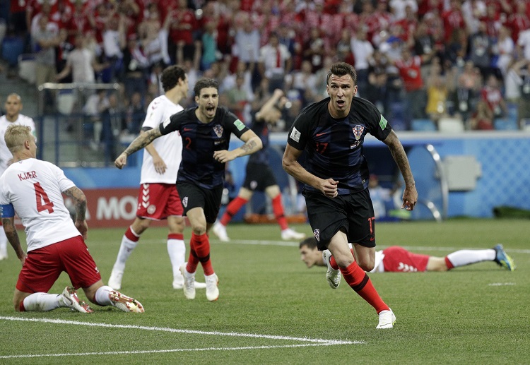 Mario Mandzukic celebrates after he scored the opening goal of Croatia against Denmark in FIFA 2018 round of 16