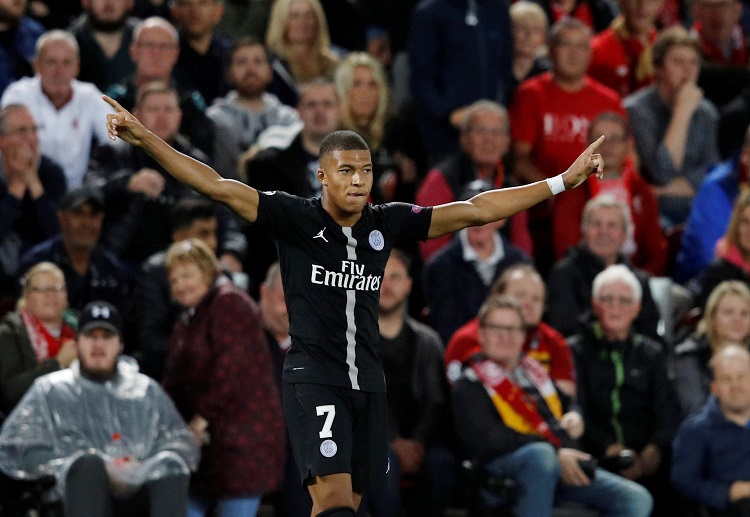 Paris Saint-Germain forward Kylian Mbappe on target against Liverpool in the Champions League