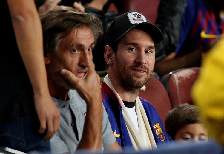 Lionel Messi watches from the stands as Barcelona play against Inter Milan in the Champions League