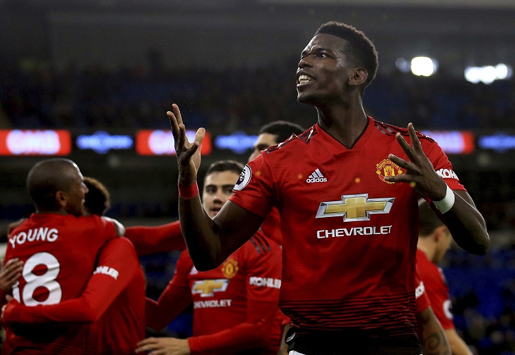 Paul Pogba celebrates after scoring the fifth goal against Premier League rival Cardiff City