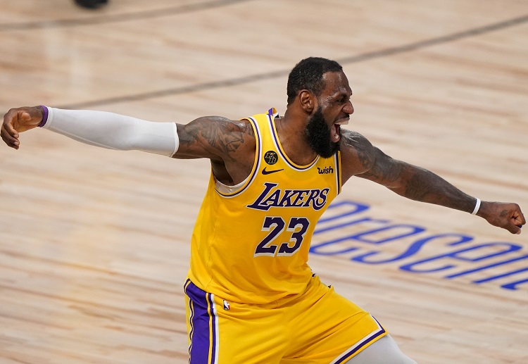 Los Angeles Lakers forward LeBron James celebrates after winning the Game 4 of the NBA Finals