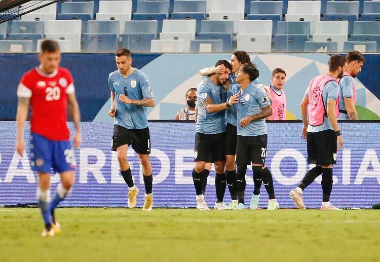 Uruguay's Luis Suarez celebrates after his side earned their first goal in Copa America