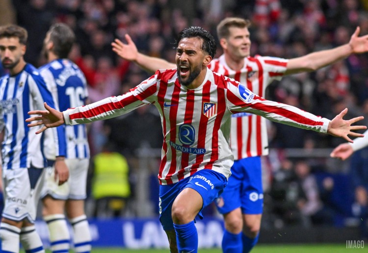 西甲联赛 冈萨雷斯高高跃起头球破门，梅开二度，为马竞锁定胜局。